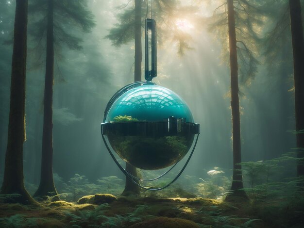 Vista de una esfera moderna en 3D con paisaje natural