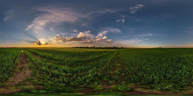 Vista esférica nocturna hdri panorama 360 entre campos agrícolas con impresionantes nubes de puesta de sol en proyección equirectangular lista para contenido de realidad virtual VR AR