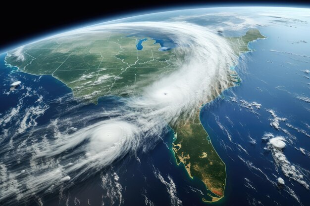 Foto vista espacial del huracán americano ian en el estado de florida de los estados unidos que muestra la vista por satélite de los ee.uu. desde el espacio ilustración 3d con superficie detallada del planeta generada por ai