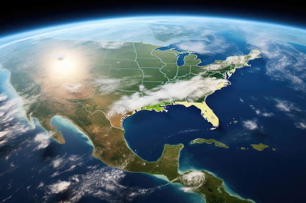 vista espacial del huracán americano Ian en el estado de Florida de los Estados Unidos que muestra la vista por satélite de los EE.UU. desde el espacio Ilustración 3D con superficie detallada del planeta generada por Ai