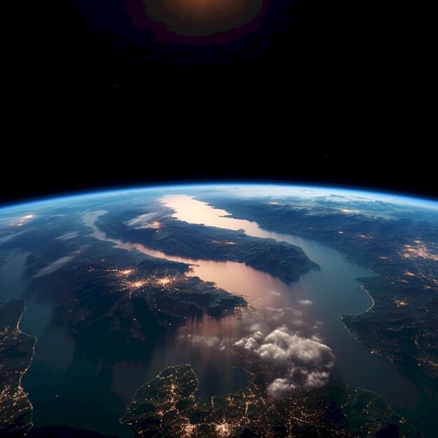 Foto la vista desde el espacio de los océanos terrestres y las luces de las ciudades son visibles.