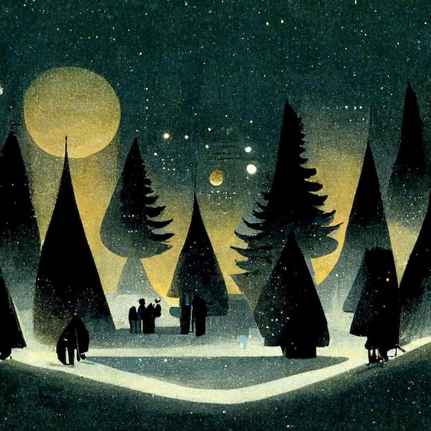 Vista esplêndida de abetos cobertos de neve em uma noite gelada Ilustração gerada digitalmente de natureza fabulosa