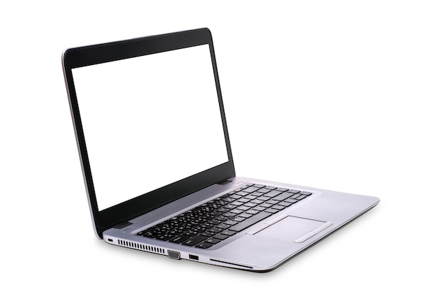 Foto vista esquerda do computador portátil com tela em branco isolada no fundo branco com traçado de recorte