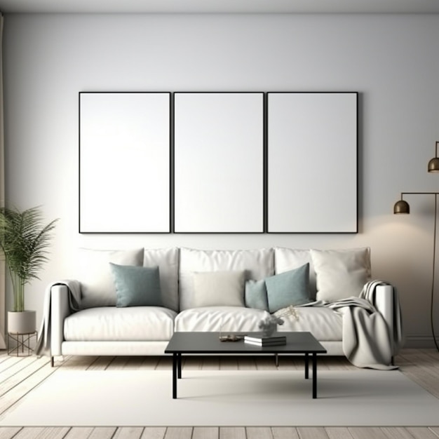 Vista de la esquina de una espaciosa sala de estar con un póster blanco que está en blanco grandes ventanas un sofá un