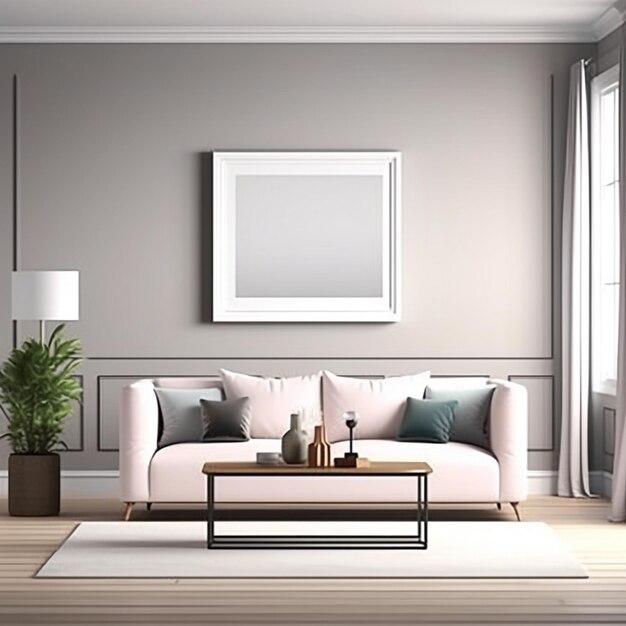 Vista de la esquina de una espaciosa sala de estar con un póster blanco que está en blanco grandes ventanas un sofá un