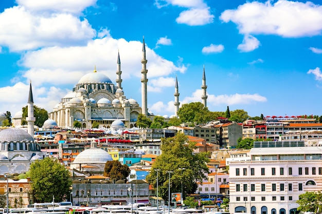 Vista de Estambul de la mezquita de Suleymaniye con el distrito de Sultanahmet contra el cielo azul y las nubes. Estambul, Turquía durante un día soleado de verano.