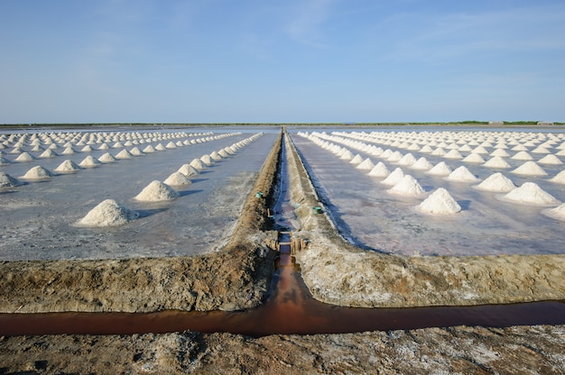 Vista de estanques de evaporación de sal en el Golfo de Tailandia, Tailandia