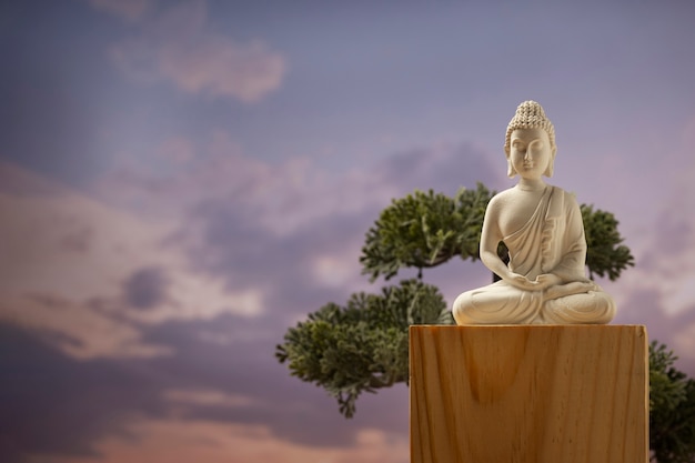 Vista de la estatuilla de buda con árbol bonsai