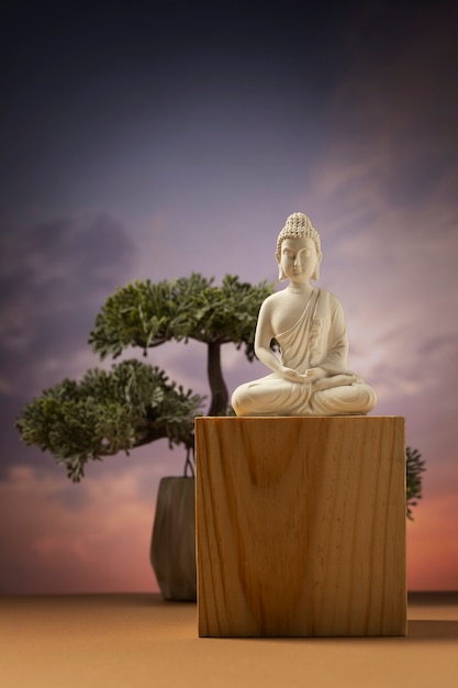 Vista de la estatuilla de buda con árbol bonsai