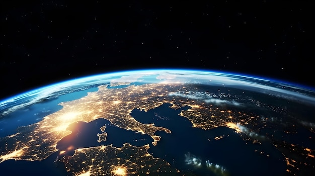 Una vista de Europa desde el espacio por la noche.