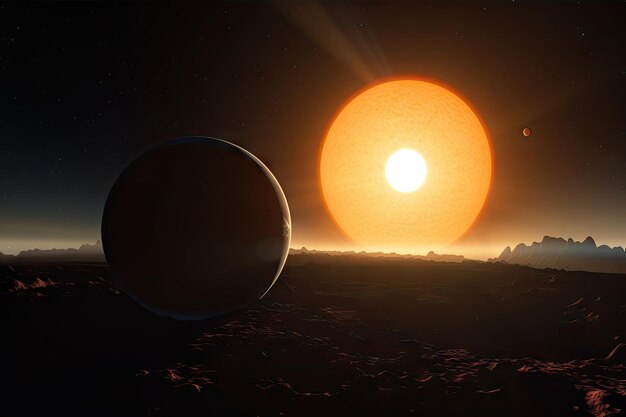 Vista de exoplaneta distante con eclipse solar en progreso creado con IA generativa