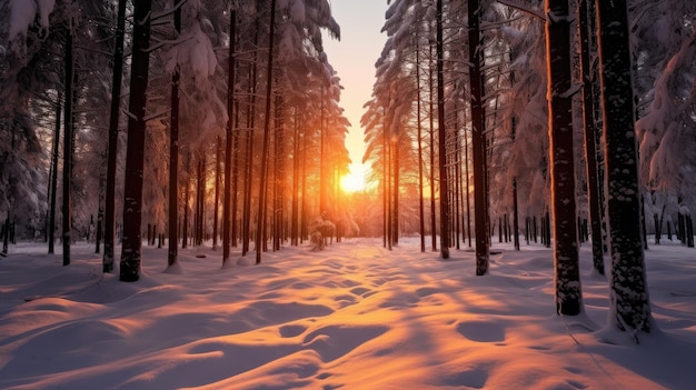 Vista exótica de floresta coberta de neve em um dia gelado criada com tecnologia Generative Al