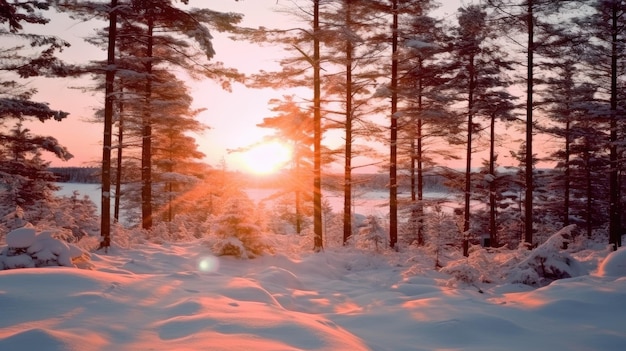 Vista exótica de floresta coberta de neve em um dia gelado criada com tecnologia Generative Al