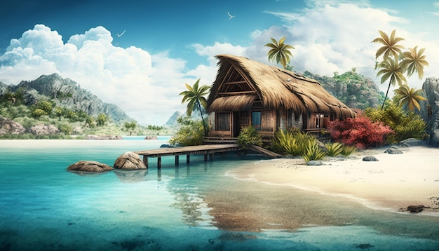 Vista exótica de uma ilha tropical com uma cabana cercada por uma lagoa