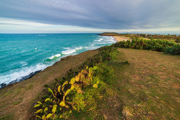 Vista expansiva da costa tropical cênica do penhasco acima. destino de viagem no vietnã, província de phu yen, entre da nang e nha trang. bai xep lindo dourado areia praia azul mar