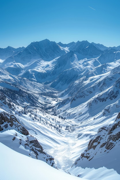 Vista expansiva de picos y valles cubiertos de nieve con laderas boscosas bajo un cielo azul soleado