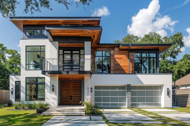 Foto vista exterior de una casa blanca moderna con garaje decorado con madera