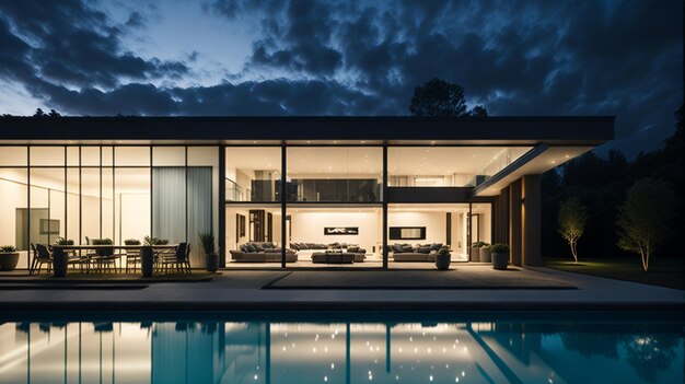 Vista exterior de una casa contemporánea con piscina al atardecer