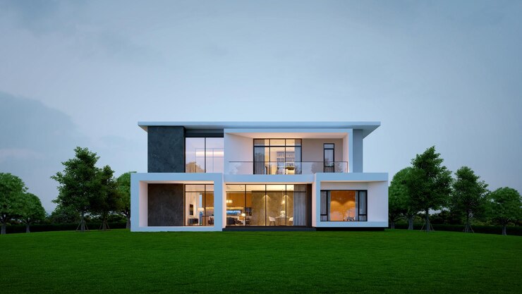 Vista exterior de la casa moderna por la noche con iluminación interior