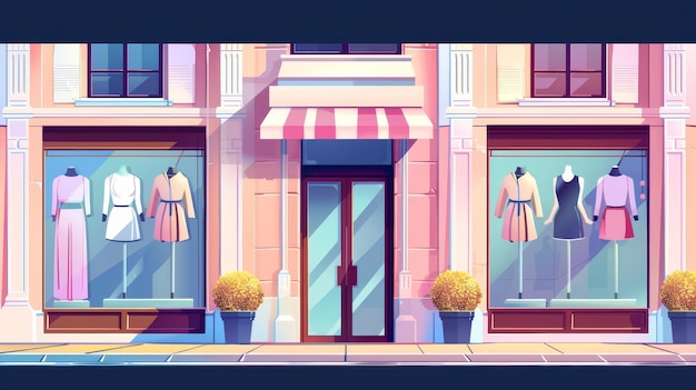 Foto una vista exterior de una tienda de ropa los maniquíes usan prendas femeninas en grandes ventanas tienda de moda de la ciudad o sala de exposiciones con puerta cerrada ilustración moderna de dibujos animados