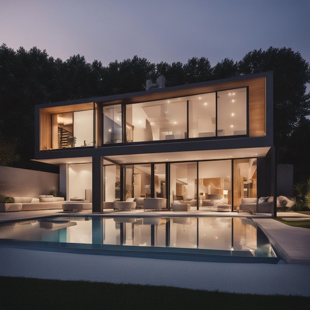 Vista externa de uma casa contemporânea com piscina em papel de parede