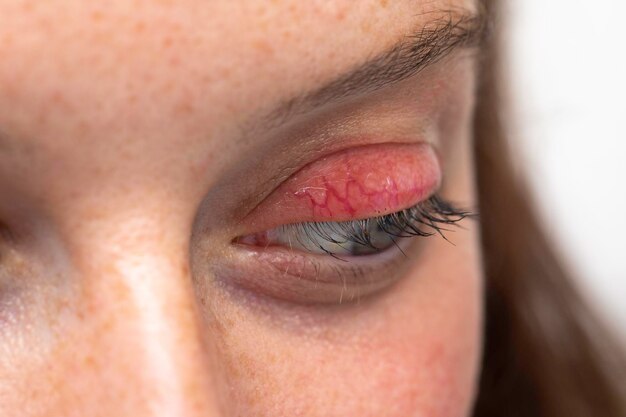 Foto una vista extrema de cerca en el ojo de una joven mujer caucásica que sufre de un orzuelo