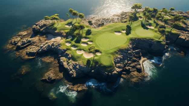 Vista de exuberantes calles verdes y bunkers de arena en un pintoresco campo de golf de la isla bajo un cielo azul claro