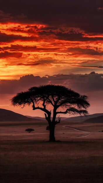 Vista fascinante da silhueta de uma árvore nas planícies da savana durante o pôr-do-sol