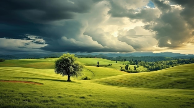 Una vista fascinante de un paisaje verde con árboles bajo un hermoso cielo nublado