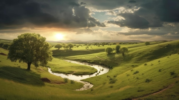 Una vista fascinante de un paisaje verde con árboles bajo un hermoso cielo nublado