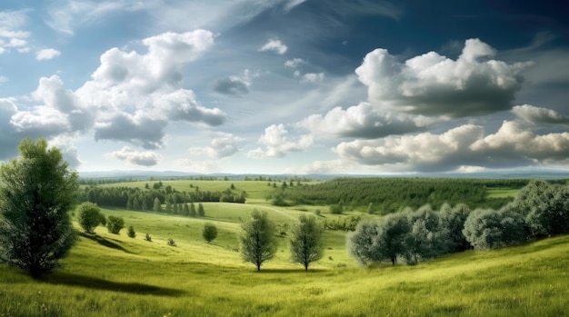 Una vista fascinante de un paisaje verde con árboles bajo un hermoso cielo nublado