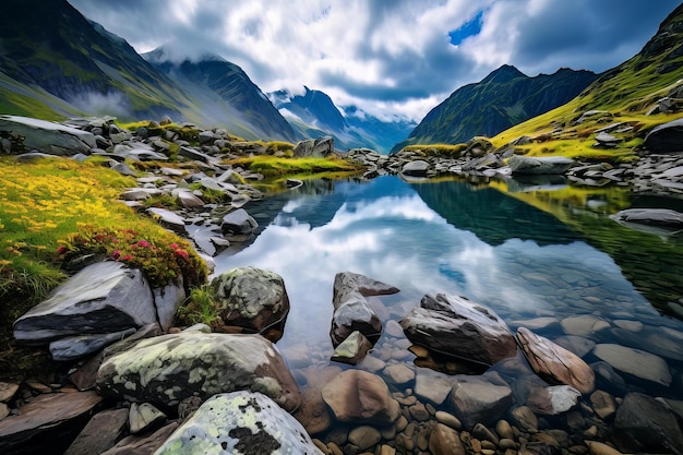 Una vista fascinante de un pequeño lago con un fondo de rocas