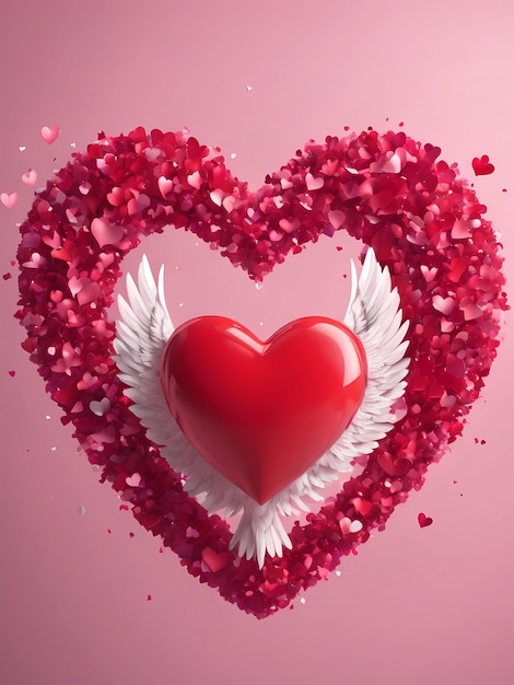Vista de forma de corazón hecha de hojas rosadas y corazón con alas