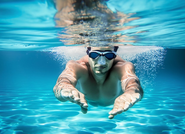 vista en la foto delantera nadador masculino nadando el golpe de mariposa