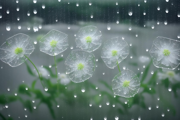 vista de la foto de las flores detrás de un vidrio transparente con gotas de agua