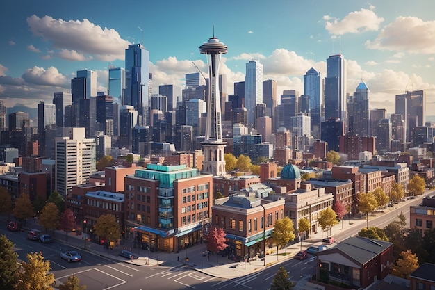 Vista fotográfica da arquitetura isométrica e dos edifícios da cidade de Seattle