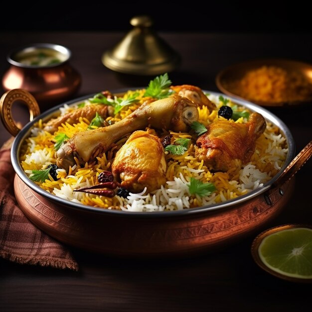Vista fotográfica de saboroso e delicioso biriyani indiano