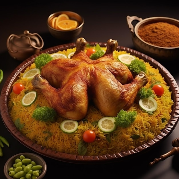 Vista fotográfica de saboroso e delicioso biriyani indiano
