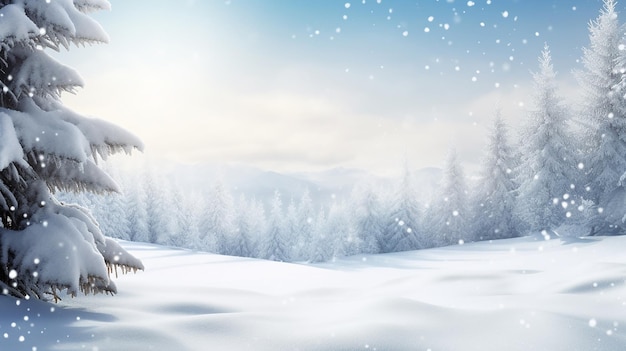 Vista fotográfica de uma paisagem de montanhas nevadas e abetos com fundo misterioso de Natal