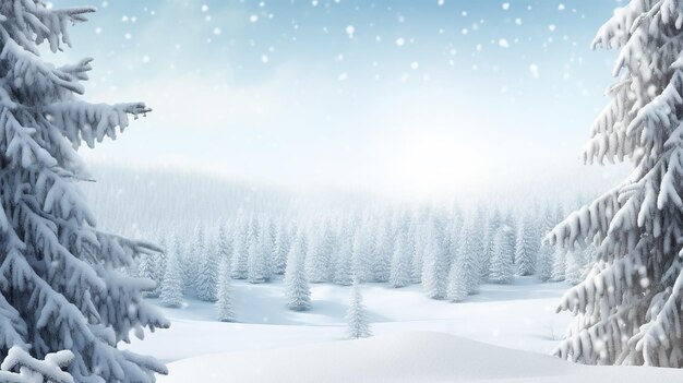 Vista fotográfica de un paisaje de montañas nevadas y abetos con fondo de misterio navideño