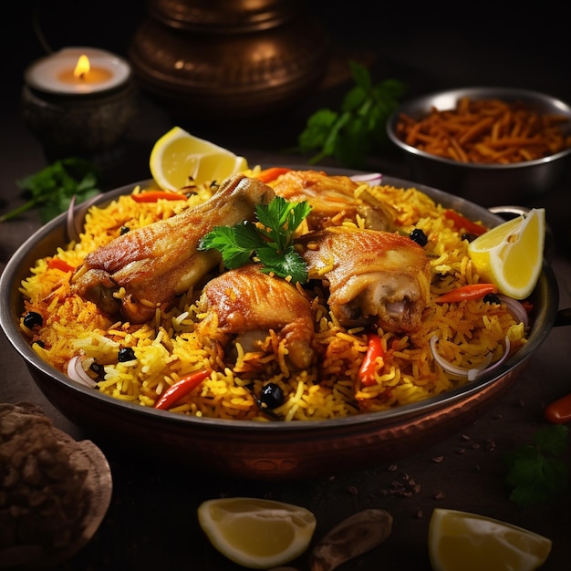 Vista fotográfica de sabroso y delicioso biriyani indio
