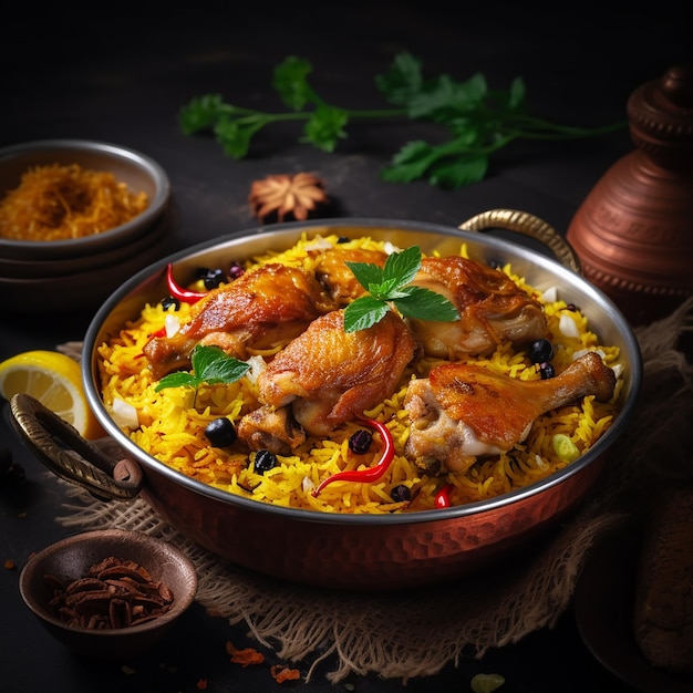 Vista fotográfica de sabroso y delicioso biriyani indio