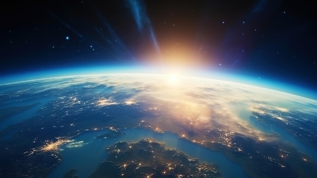 Una vista fotorrealista de la Tierra desde el espacio con la luz solar astronomía científica generativa ai