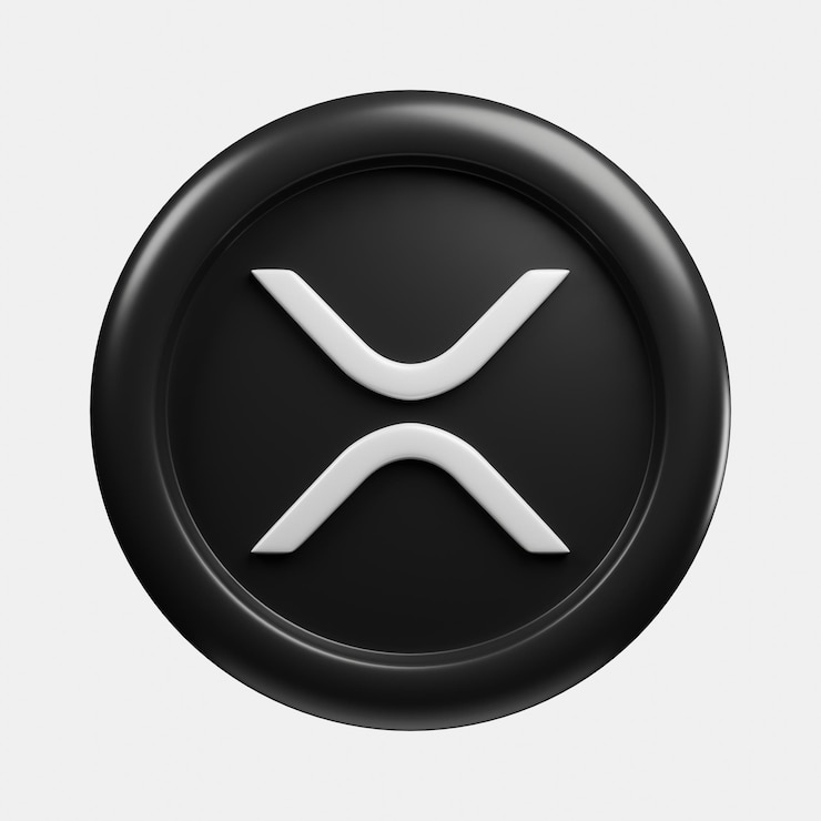 Foto vista frontal 3d que representa la ondulación de la criptomoneda o la moneda negra xrp con estilo de dibujos animados