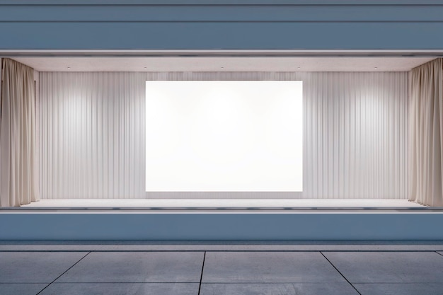 Vista frontal en un afiche blanco en blanco con lugar para su logotipo o texto en un fondo de pared con listones de luz en un elegante escaparate de un edificio azul moderno concepto de publicidad al aire libre representación 3D simulada