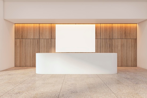 Vista frontal en un afiche blanco en blanco con lugar para su logotipo o texto sobre el mostrador de recepción en un elegante espacio iluminado por el sol con fondo de pared de madera y maqueta de representación 3D en el suelo de hormigón