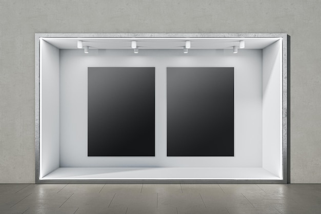 Foto vista frontal de afiches negros en blanco con lugar para su logotipo o texto en una pared de nicho iluminada en blanco en una sala vacía abstracta con fondo de pared de hormigón gris y suelo oscuro y brillante maqueta de representación 3d