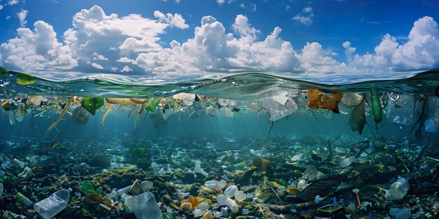 Vista frontal bajo el agua en agua de plástico contaminada océano o olas marinas vidrio macro cielo azul