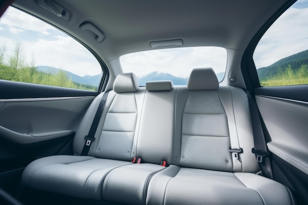 Vista frontal de asientos de pasajeros traseros de cuero blanco en un moderno automóvil de lujo con un elegante diseño interior