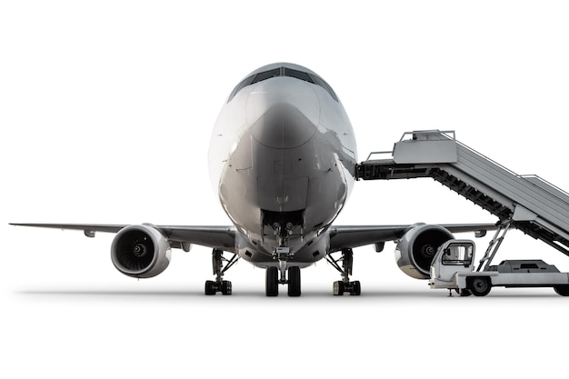 Vista frontal del avión de pasajeros de cuerpo ancho con escaleras aisladas sobre fondo blanco